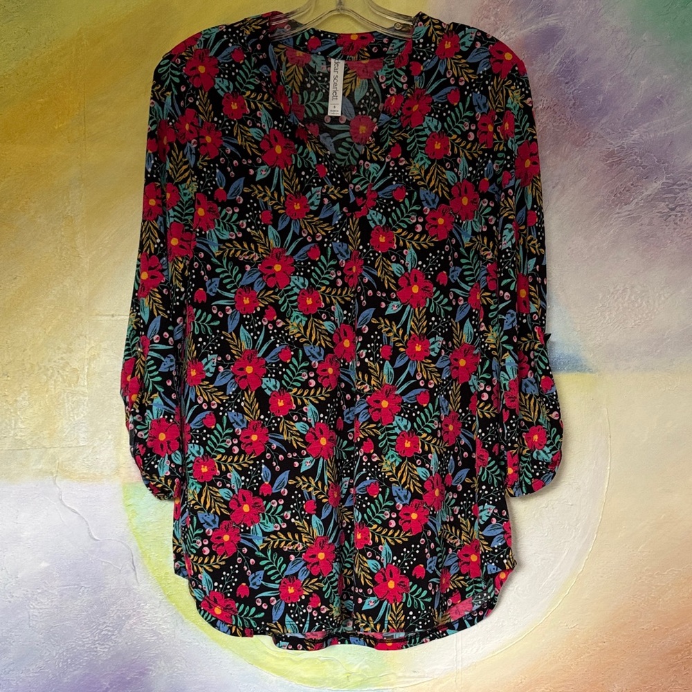 Dear Scarlett women’s top (Small) Black bright floral print red, teal, yellow